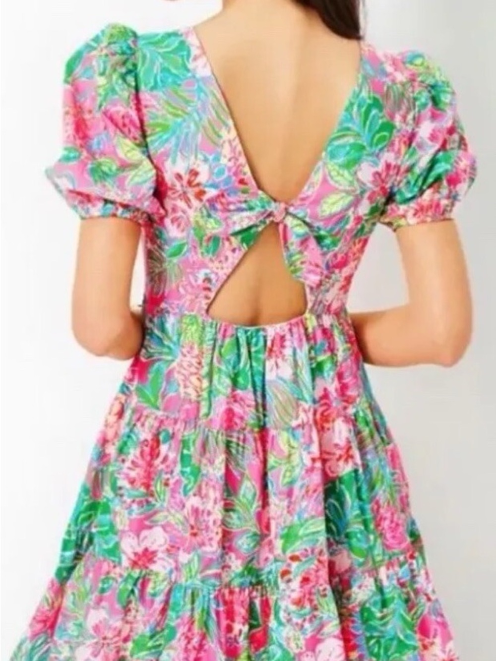 Lilly Pulitzer Pink Green Floral V-Neck Tiered Mini Dress - Picture 2 of 15